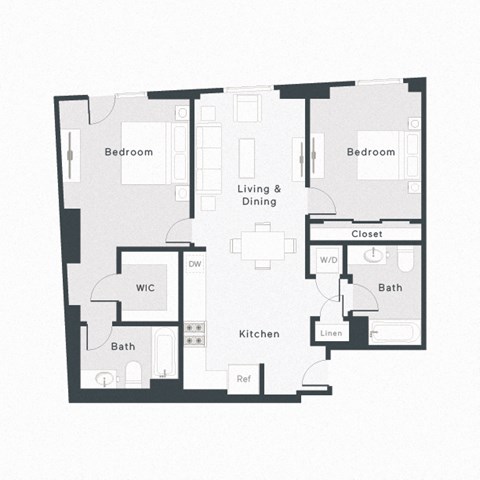 Floor plan for 2 beds, 2 baths, 1153 sqft